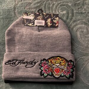 Ed Hardy Gray Beanie with Tiger and Floral Design